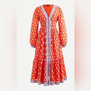 NWT J Crew Button-up Tiered Midi Block Print Classic Dress Cerise Cove Red sz 4